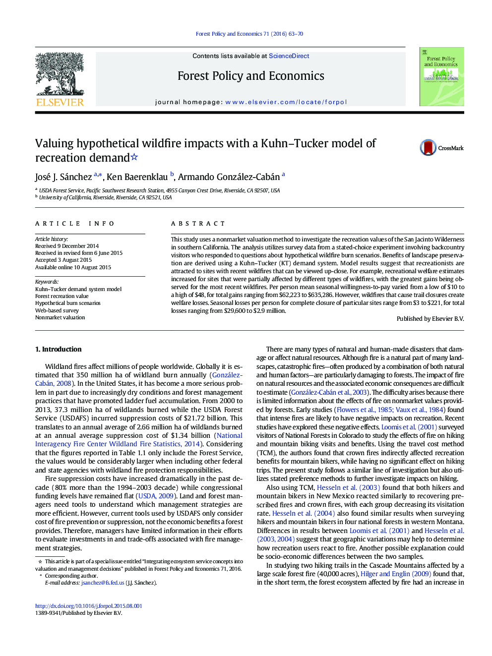 Valuing hypothetical wildfire impacts with a Kuhn-Tucker model of recreation demand