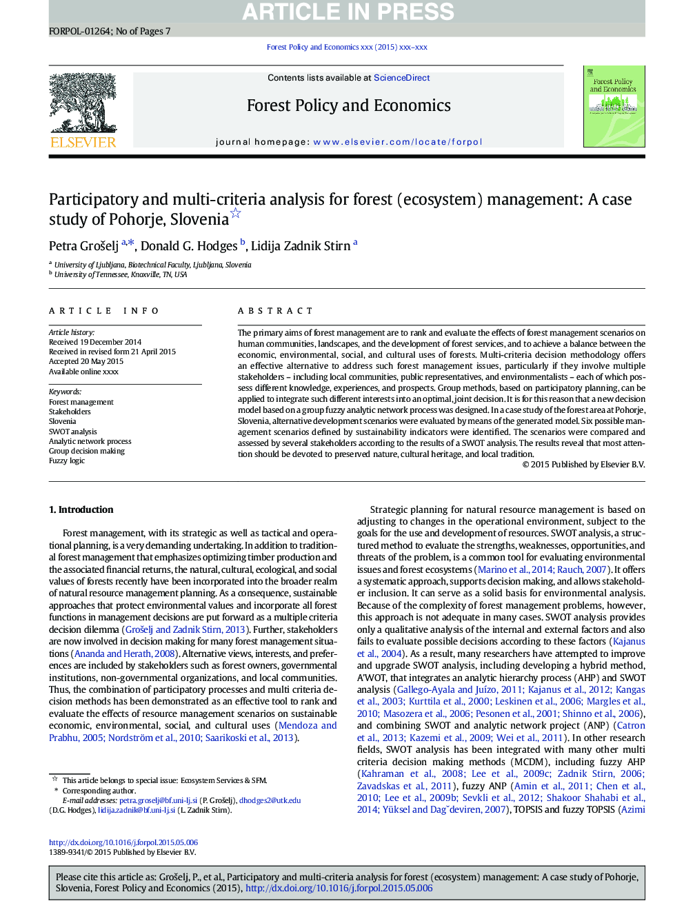 Participatory and multi-criteria analysis for forest (ecosystem) management: A case study of Pohorje, Slovenia