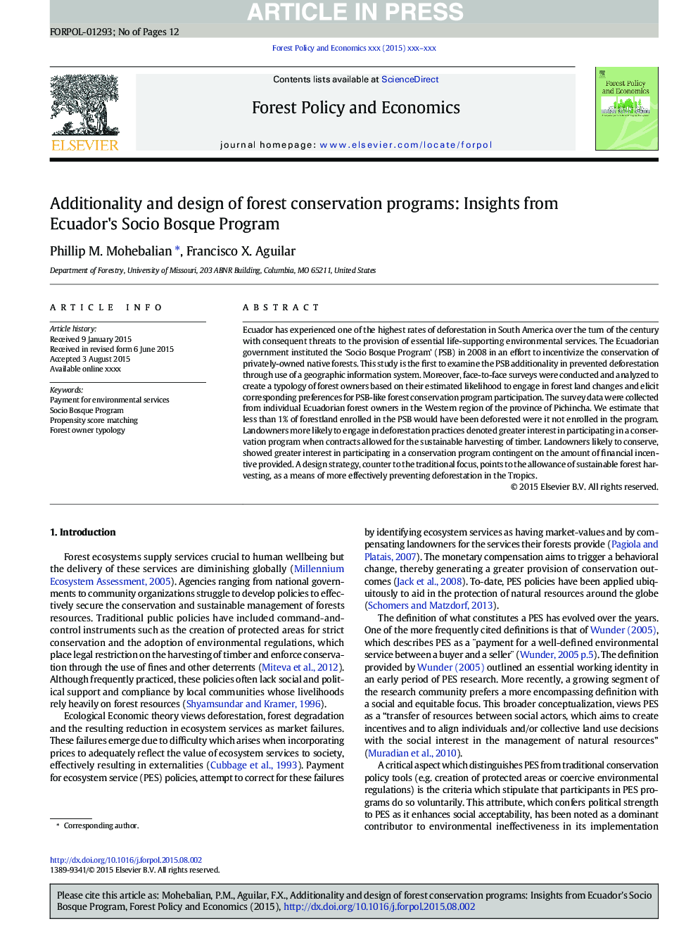 عکس صفحه اول مقاله: Additionality and design of forest conservation programs: Insights from Ecuador's Socio Bosque Program Additionality and design of forest conservation programs: Insights from Ecuador's Socio Bosque Program