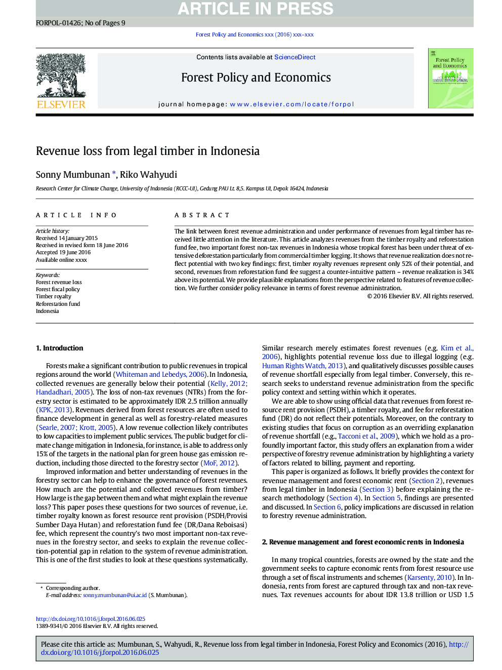 Revenue loss from legal timber in Indonesia