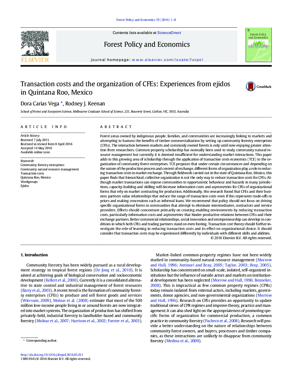Transaction costs and the organization of CFEs: Experiences from ejidos in Quintana Roo, Mexico