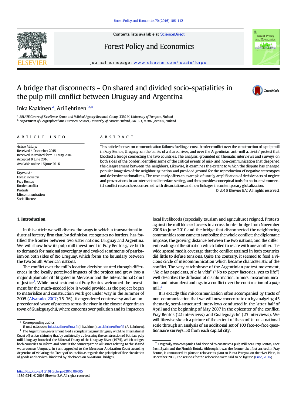 A bridge that disconnects - On shared and divided socio-spatialities in the pulp mill conflict between Uruguay and Argentina