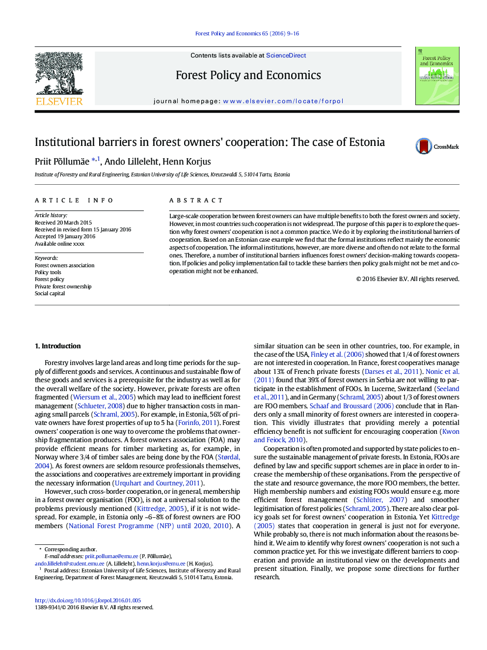 Institutional barriers in forest owners' cooperation: The case of Estonia