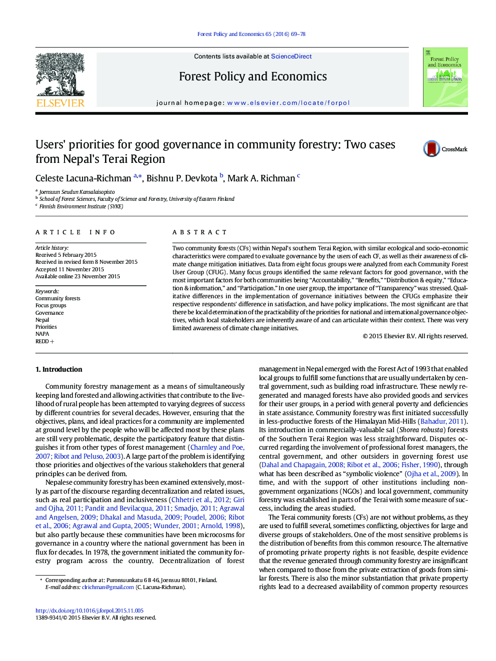 Users' priorities for good governance in community forestry: Two cases from Nepal's Terai Region