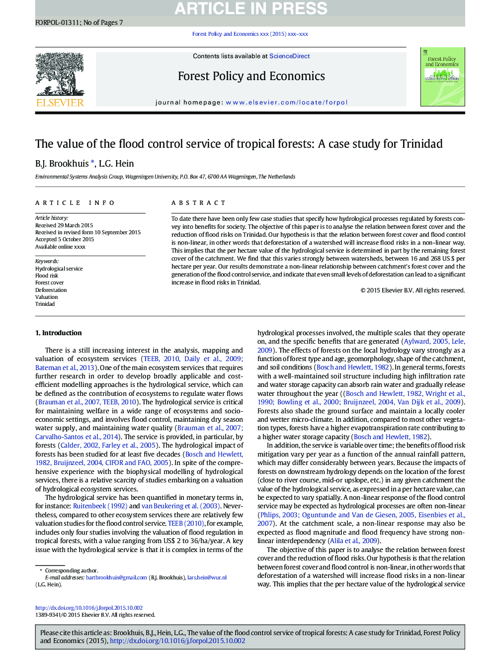 The value of the flood control service of tropical forests: A case study for Trinidad