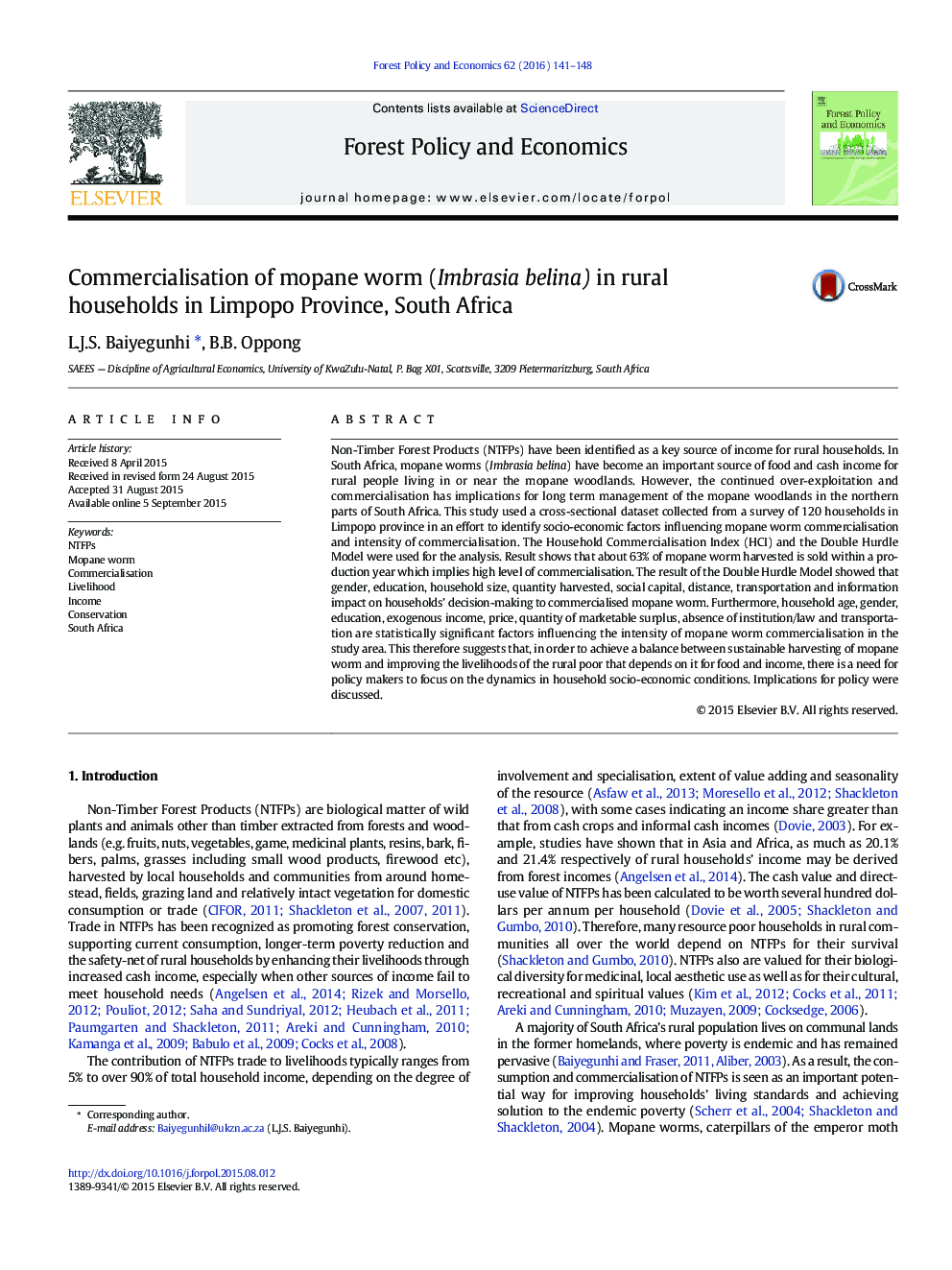 Commercialisation of mopane worm (Imbrasia belina) in rural households in Limpopo Province, South Africa