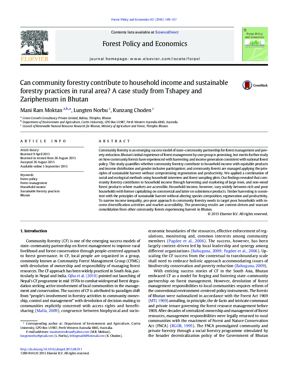 Can community forestry contribute to household income and sustainable forestry practices in rural area? A case study from Tshapey and Zariphensum in Bhutan