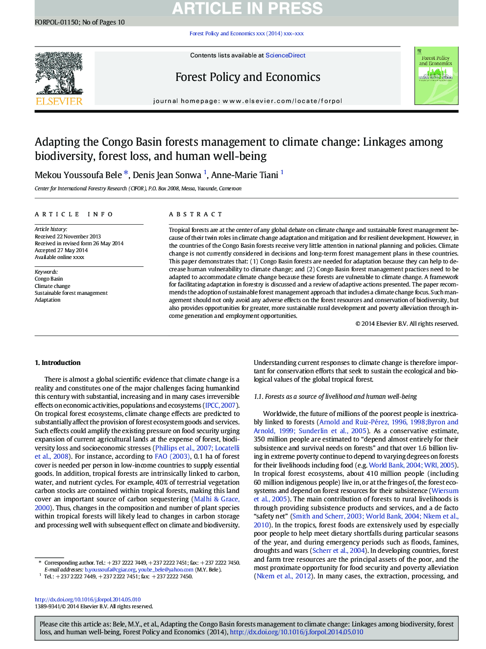 Adapting the Congo Basin forests management to climate change: Linkages among biodiversity, forest loss, and human well-being