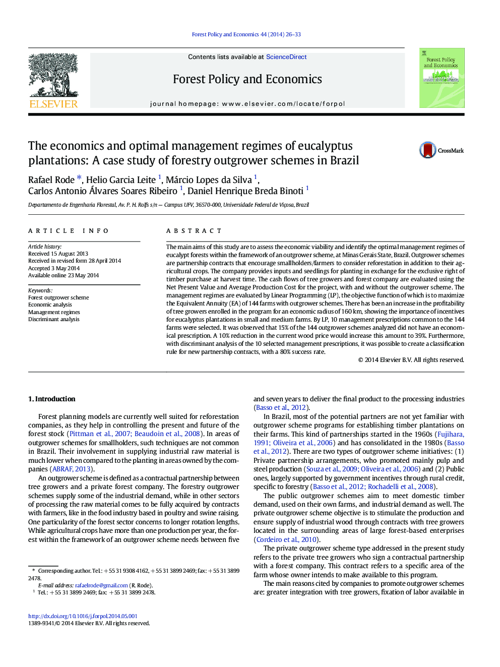 The economics and optimal management regimes of eucalyptus plantations: A case study of forestry outgrower schemes in Brazil