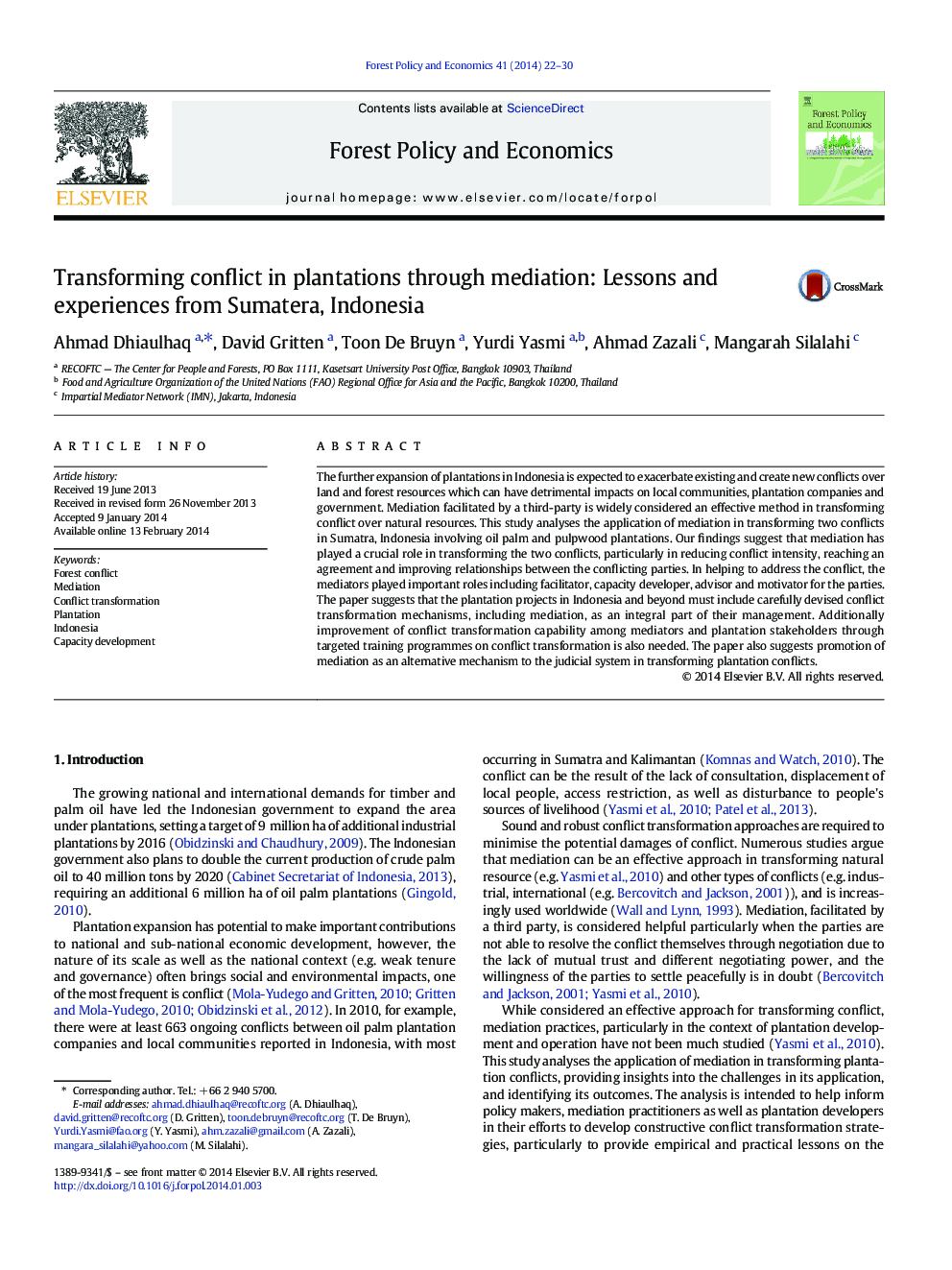 Transforming conflict in plantations through mediation: Lessons and experiences from Sumatera, Indonesia