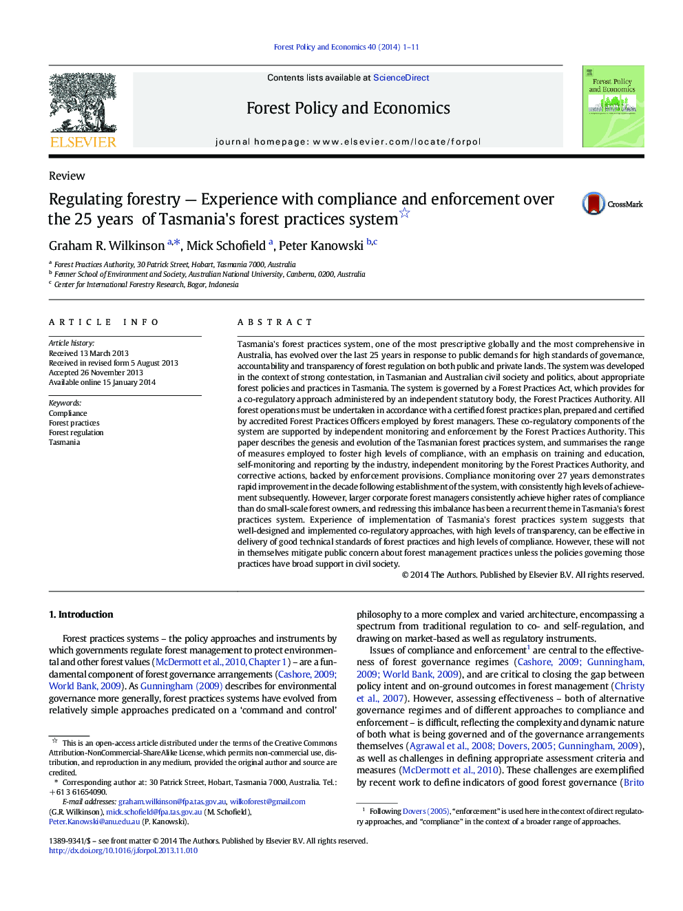 Regulating forestry - Experience with compliance and enforcement over the 25Â years of Tasmania's forest practices system