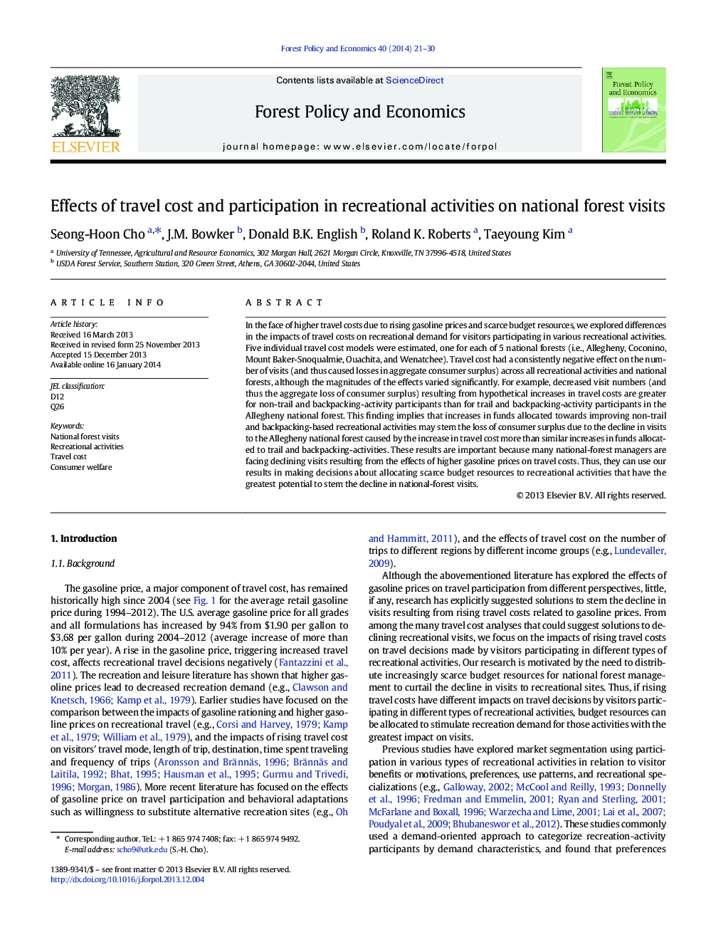 Effects of travel cost and participation in recreational activities on national forest visits