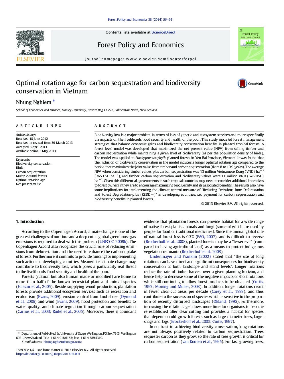 Optimal rotation age for carbon sequestration and biodiversity conservation in Vietnam