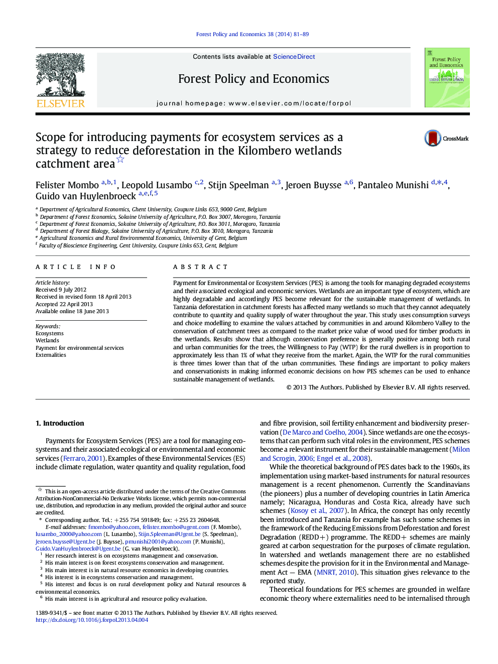 Scope for introducing payments for ecosystem services as a strategy to reduce deforestation in the Kilombero wetlands catchment area