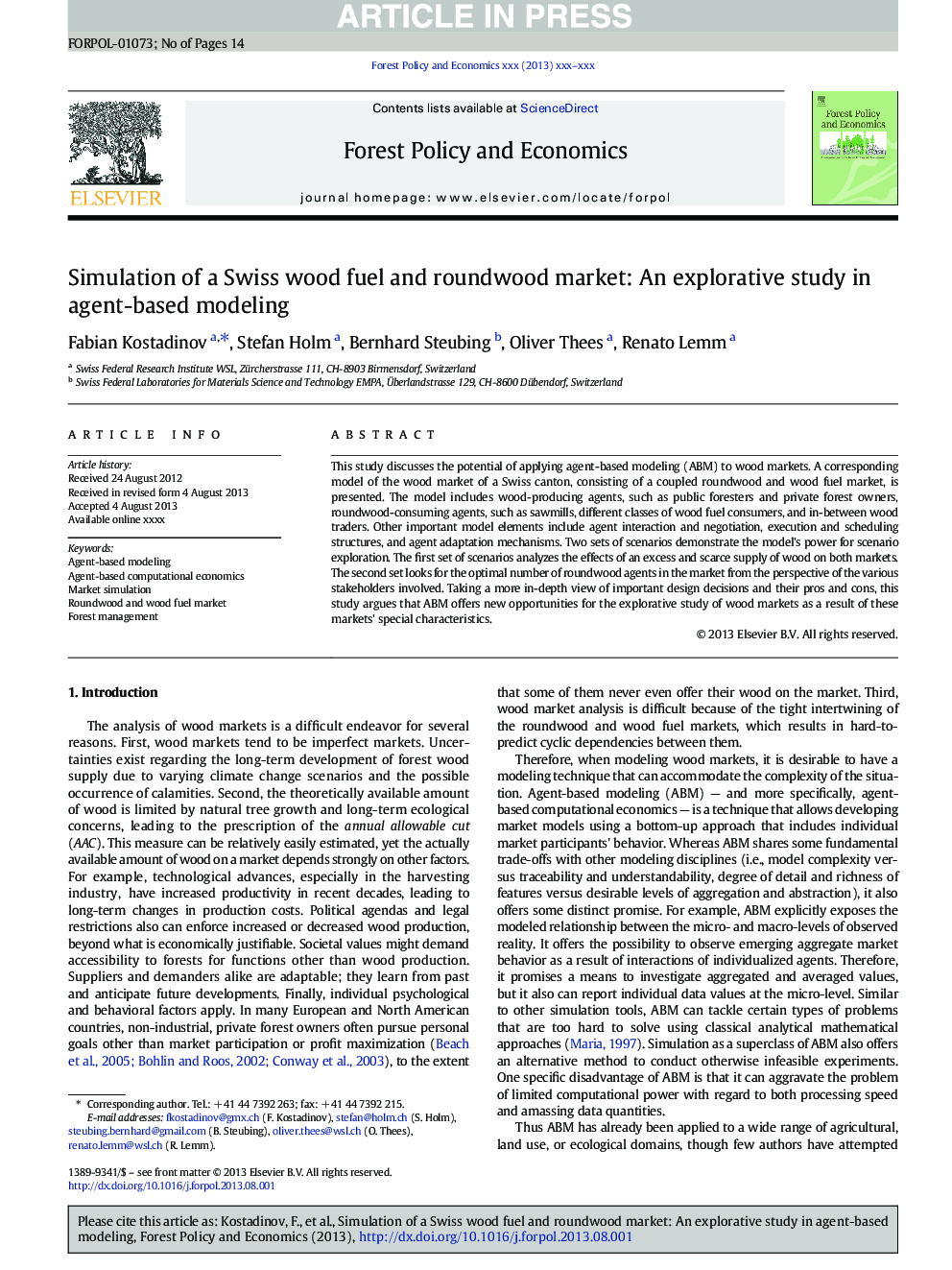 Simulation of a Swiss wood fuel and roundwood market: An explorative study in agent-based modeling