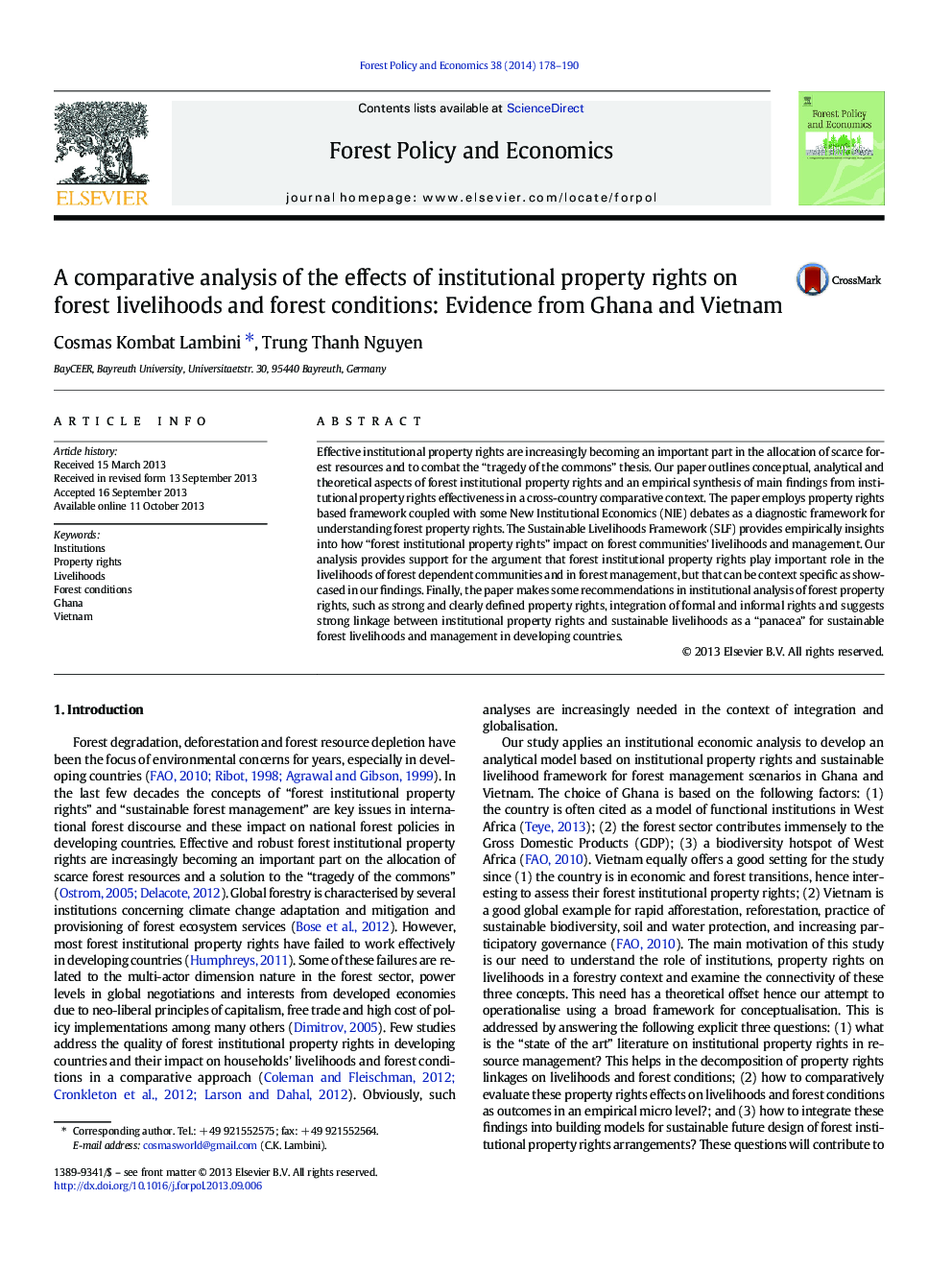 A comparative analysis of the effects of institutional property rights on forest livelihoods and forest conditions: Evidence from Ghana and Vietnam