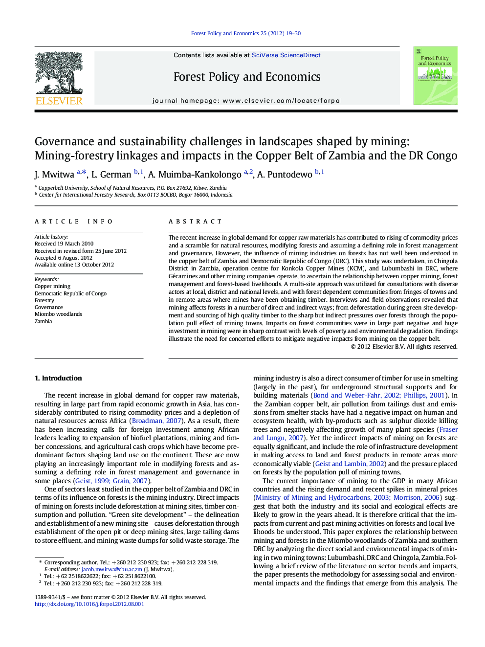 Governance and sustainability challenges in landscapes shaped by mining: Mining-forestry linkages and impacts in the Copper Belt of Zambia and the DR Congo