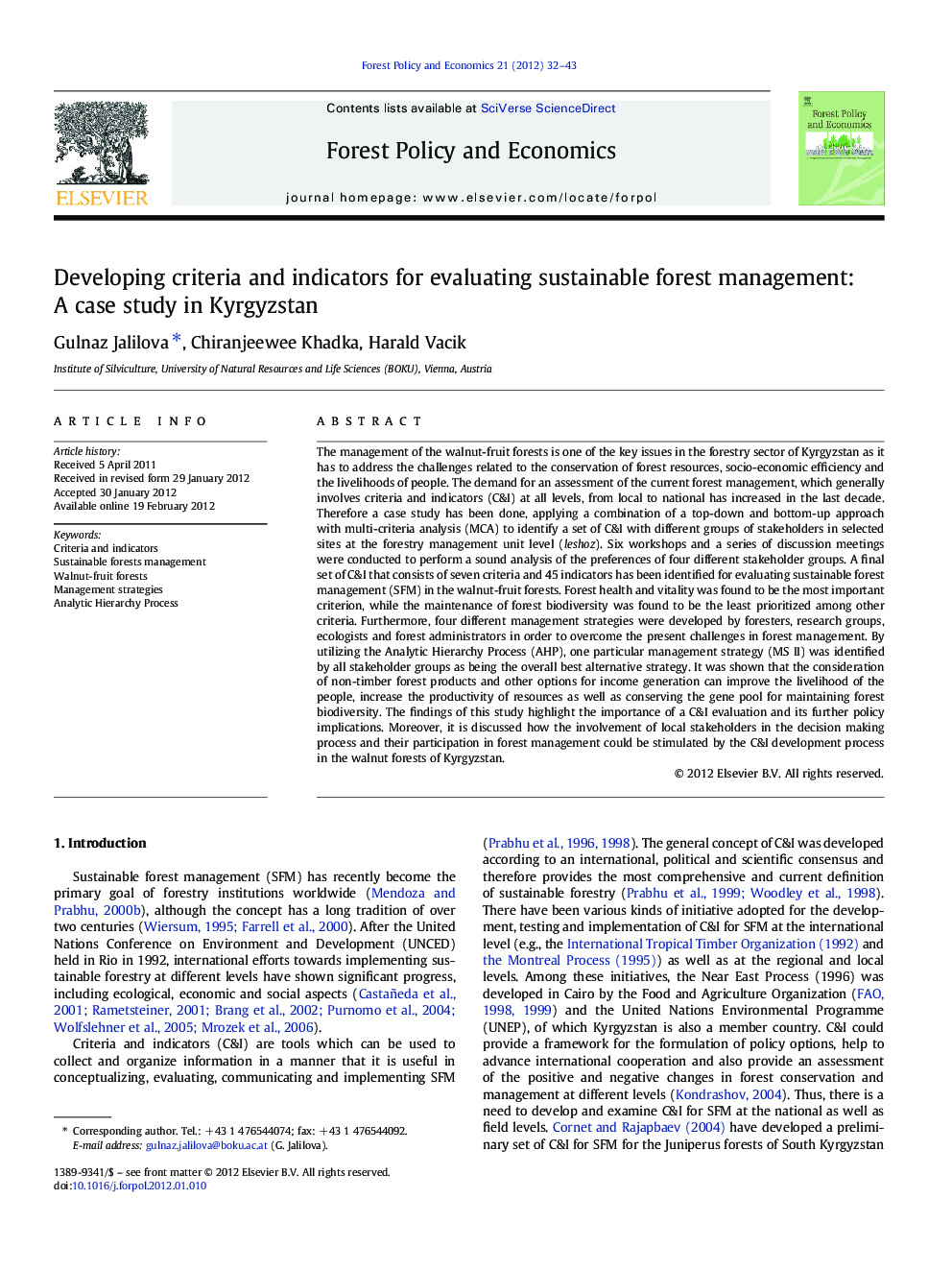 Developing criteria and indicators for evaluating sustainable forest management: A case study in Kyrgyzstan