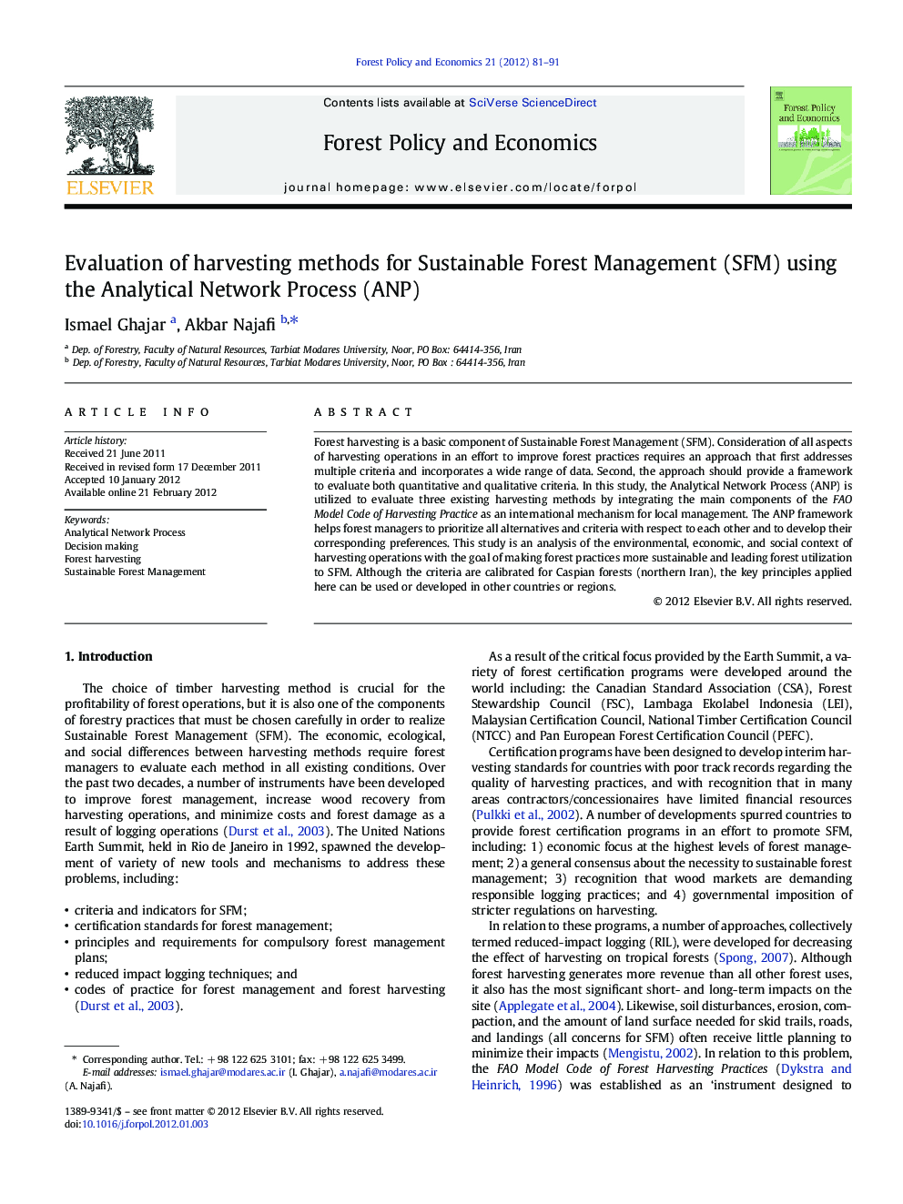 Evaluation of harvesting methods for Sustainable Forest Management (SFM) using the Analytical Network Process (ANP)