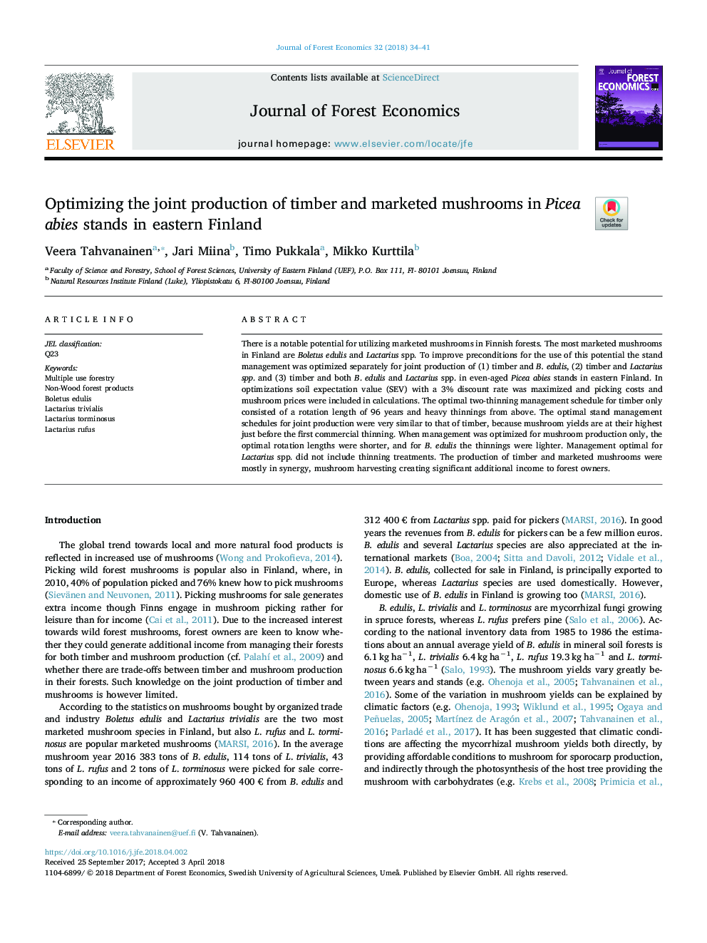 Optimizing the joint production of timber and marketed mushrooms in Picea abies stands in eastern Finland