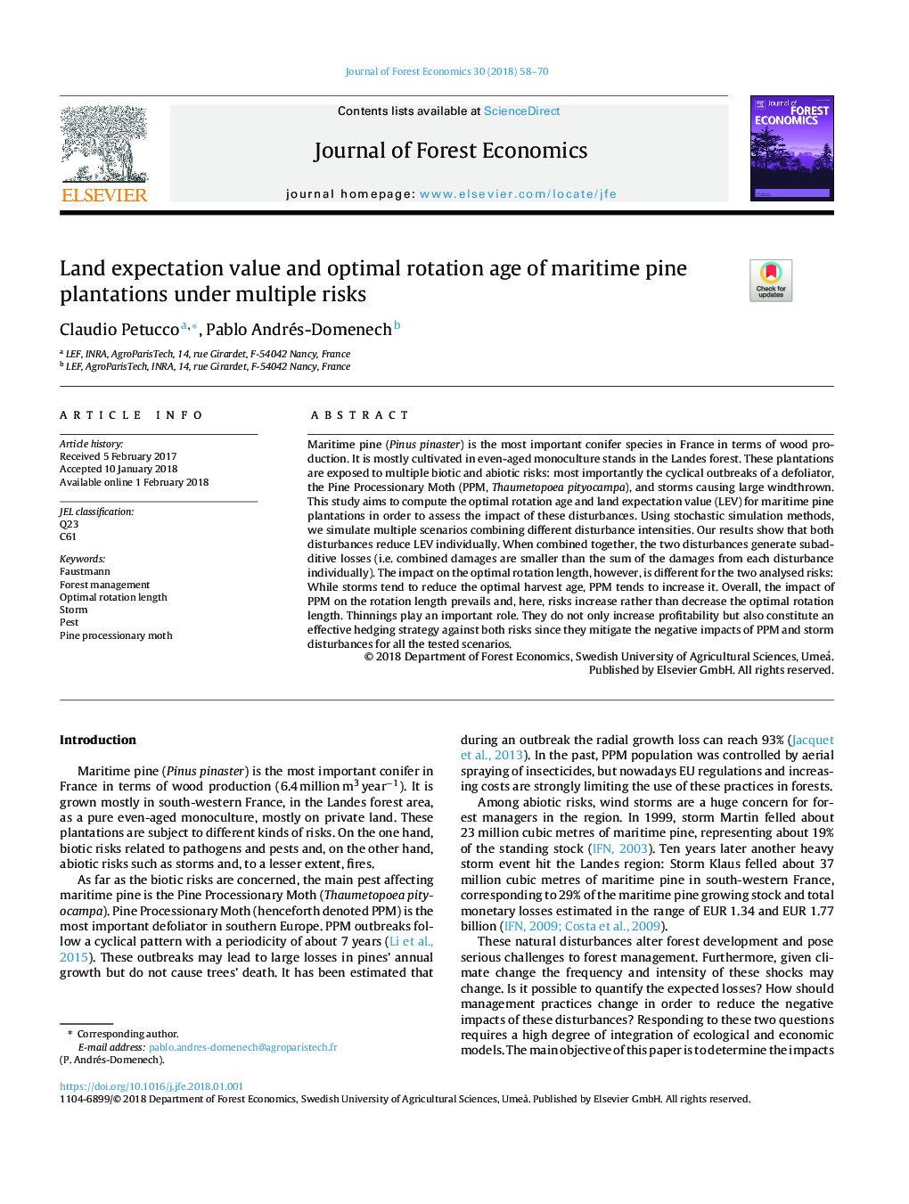 Land expectation value and optimal rotation age of maritime pine plantations under multiple risks