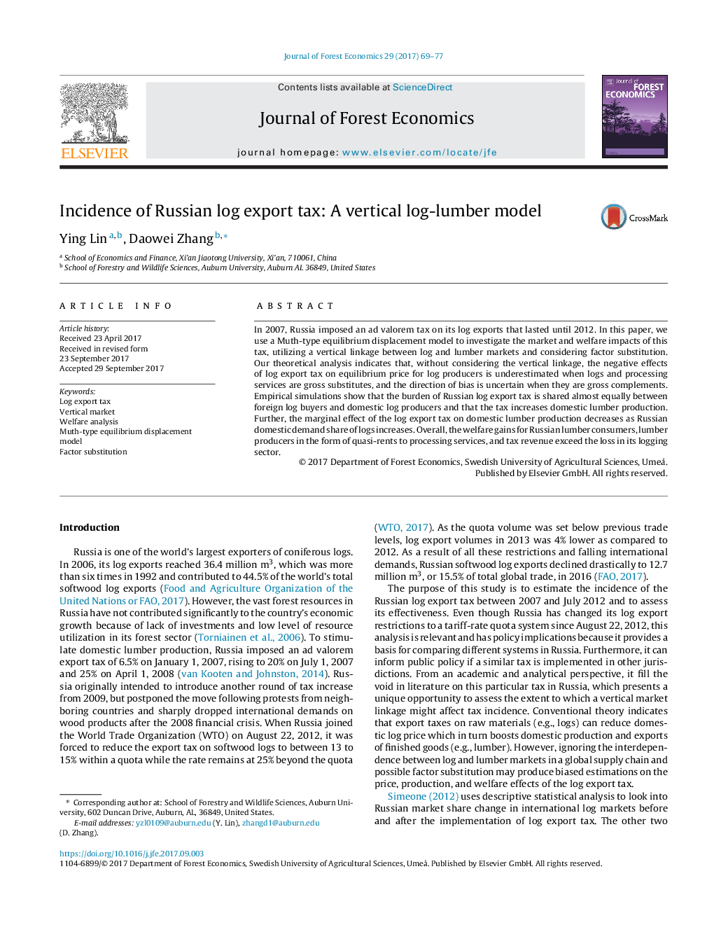 Incidence of Russian log export tax: A vertical log-lumber model