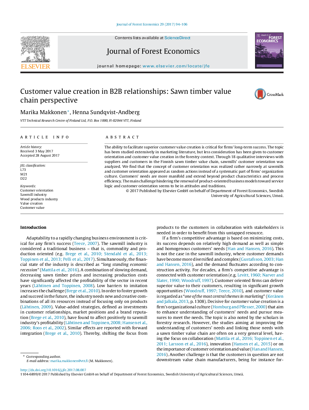 Customer value creation in B2B relationships: Sawn timber value chain perspective