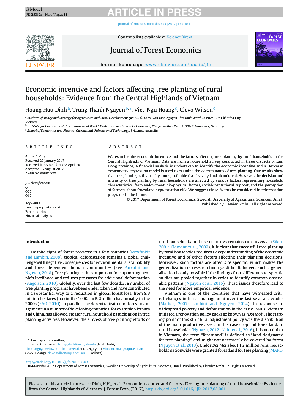 Economic incentive and factors affecting tree planting of rural households: Evidence from the Central Highlands of Vietnam