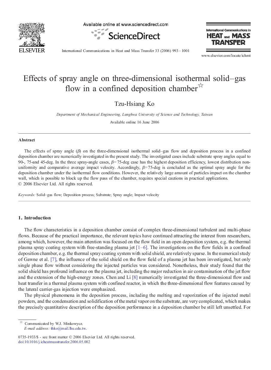 Effects of spray angle on three-dimensional isothermal solid–gas flow in a confined deposition chamber 