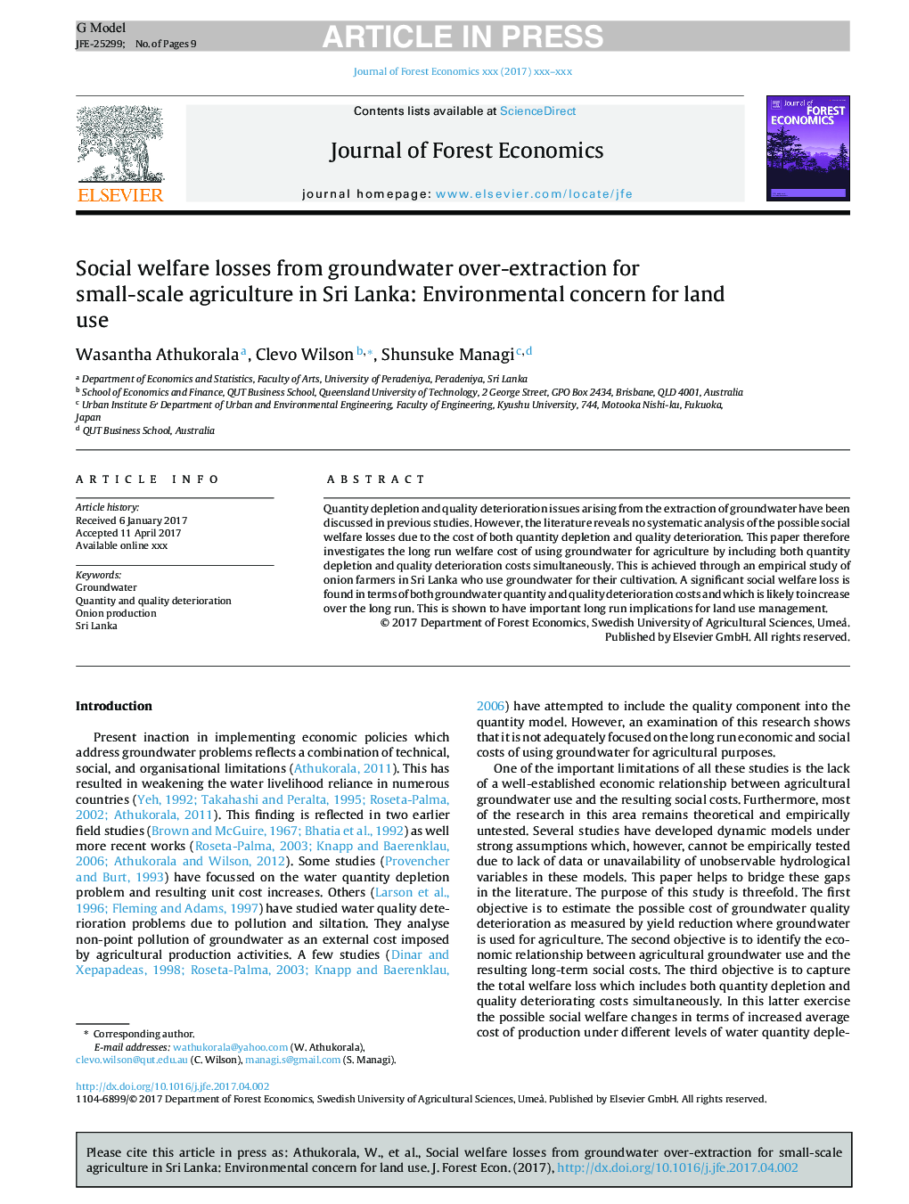 Social welfare losses from groundwater over-extraction for small-scale agriculture in Sri Lanka: Environmental concern for land use