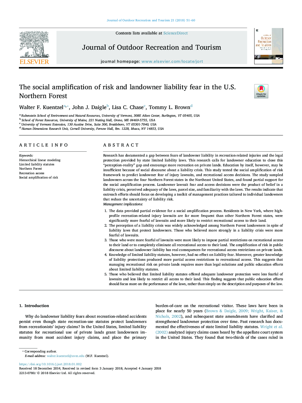 The social amplification of risk and landowner liability fear in the U.S. Northern Forest