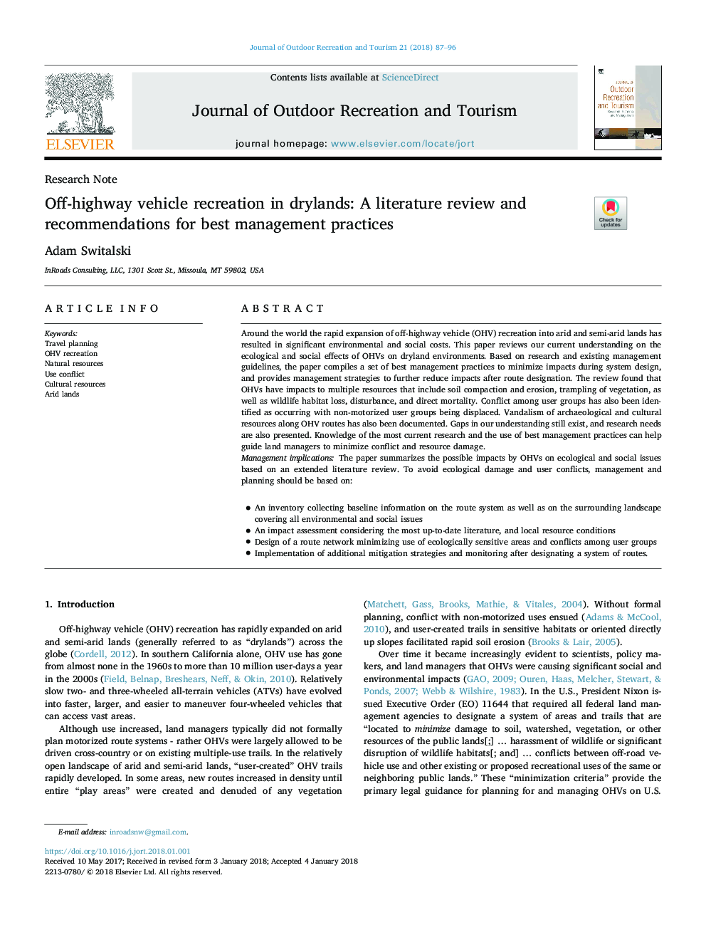 Off-highway vehicle recreation in drylands: A literature review and recommendations for best management practices