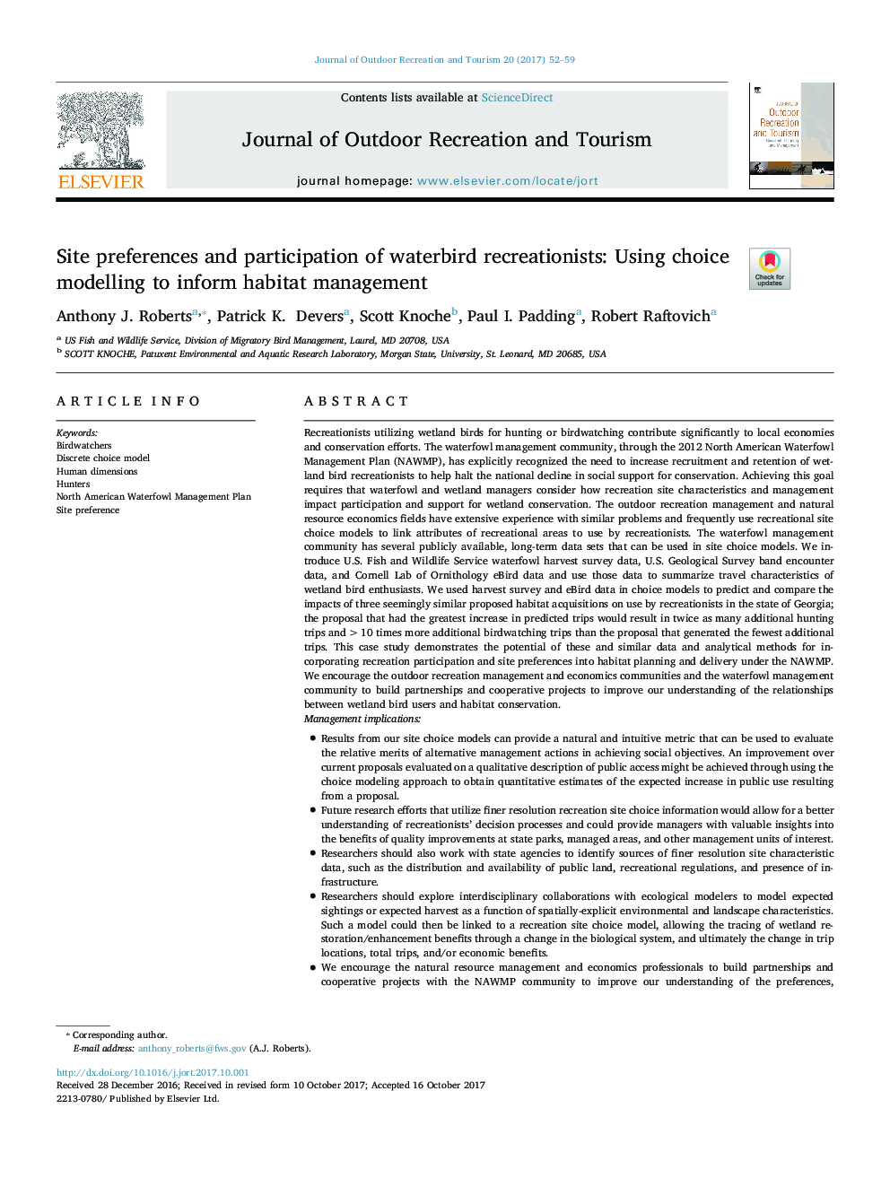 Site preferences and participation of waterbird recreationists: Using choice modelling to inform habitat management