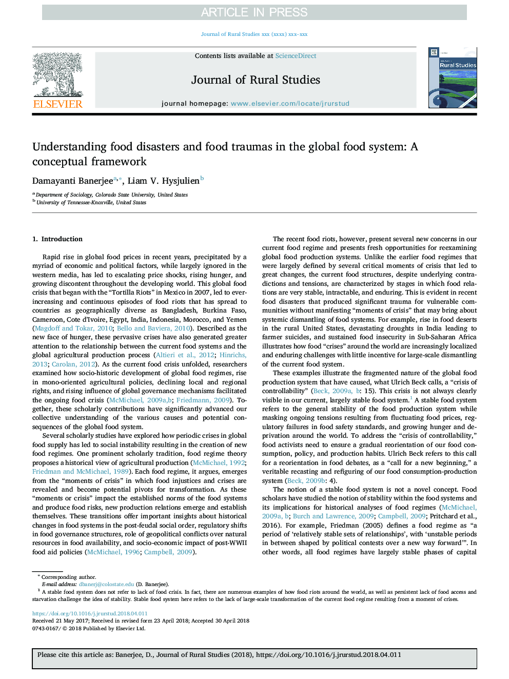 Understanding food disasters and food traumas in the global food system: A conceptual framework