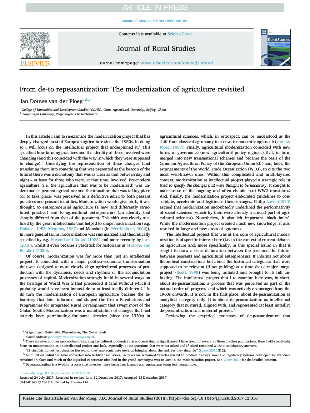 From de-to repeasantization: The modernization of agriculture revisited