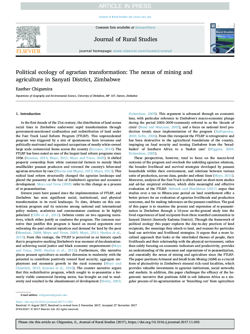 Political ecology of agrarian transformation: The nexus of mining and agriculture in Sanyati District, Zimbabwe