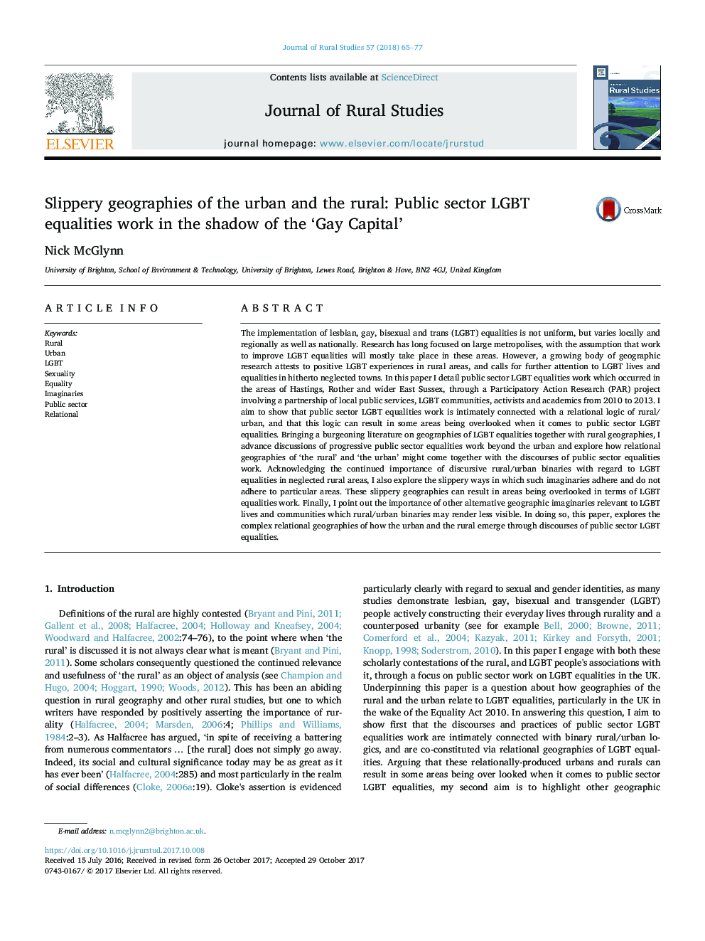 Slippery geographies of the urban and the rural: Public sector LGBT equalities work in the shadow of the 'Gay Capital'