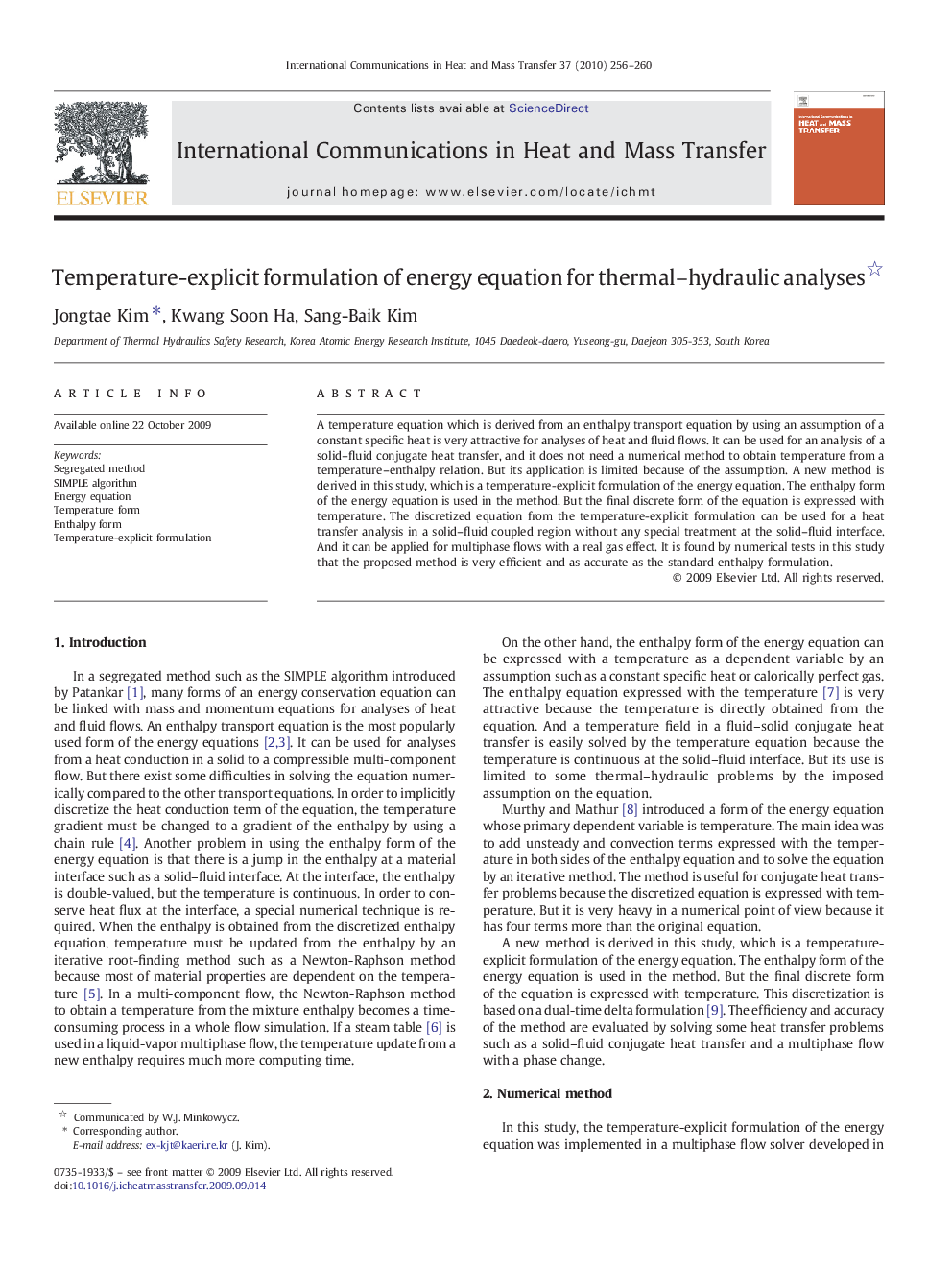 Temperature-explicit formulation of energy equation for thermal–hydraulic analyses 