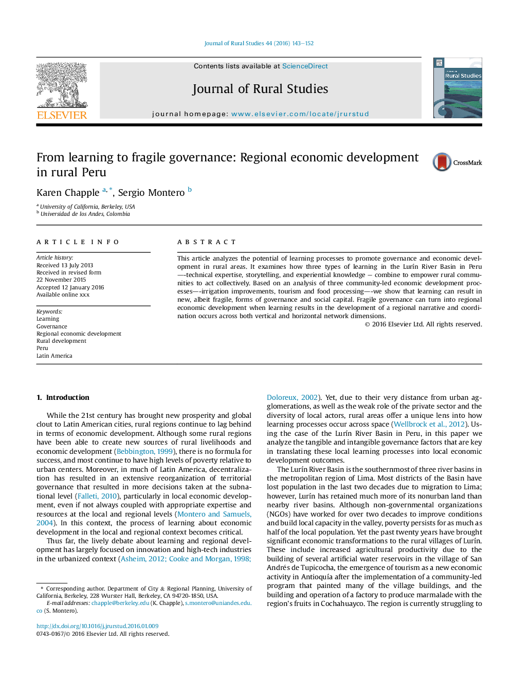 From learning to fragile governance: Regional economic development in rural Peru