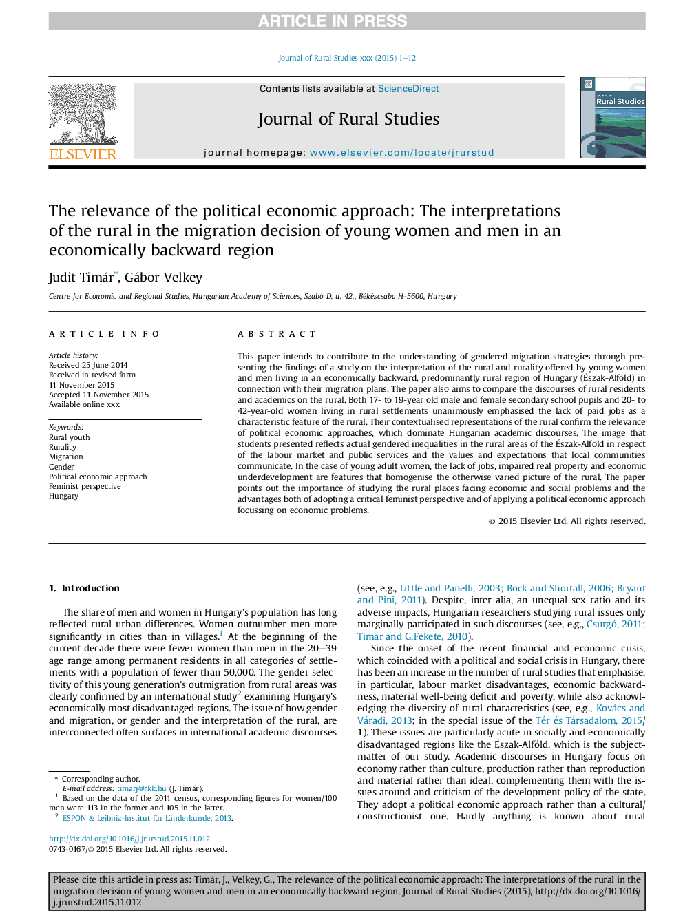 The relevance of the political economic approach: The interpretations of the rural in the migration decision of young women and men in an economically backward region