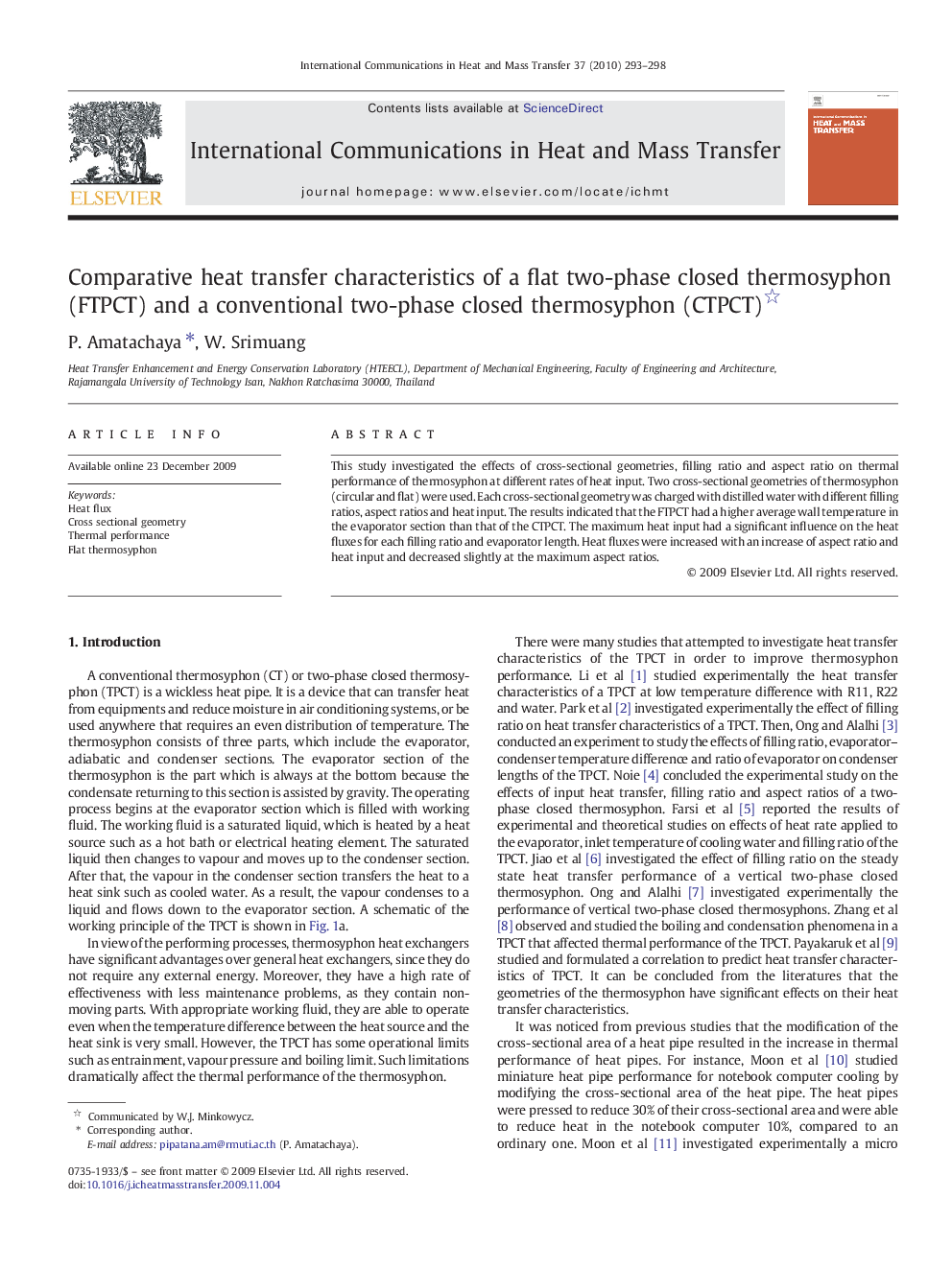 Comparative heat transfer characteristics of a flat two-phase closed thermosyphon (FTPCT) and a conventional two-phase closed thermosyphon (CTPCT) 