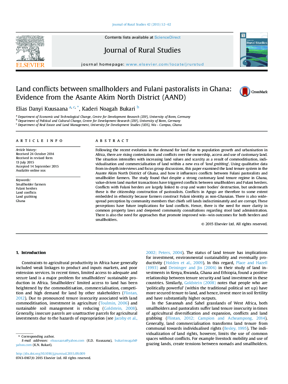 Land conflicts between smallholders and Fulani pastoralists in Ghana: Evidence from the Asante Akim North District (AAND)