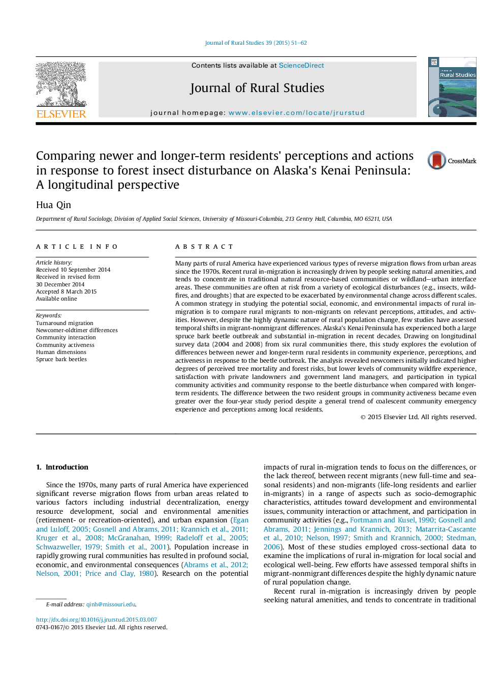 Comparing newer and longer-term residents' perceptions and actions in response to forest insect disturbance on Alaska's Kenai Peninsula: A longitudinal perspective