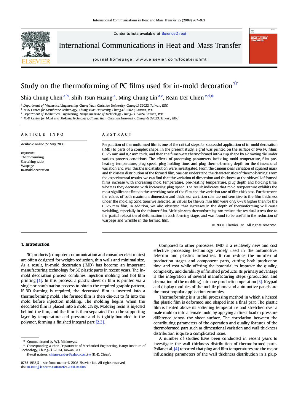 Study on the thermoforming of PC films used for in-mold decoration 