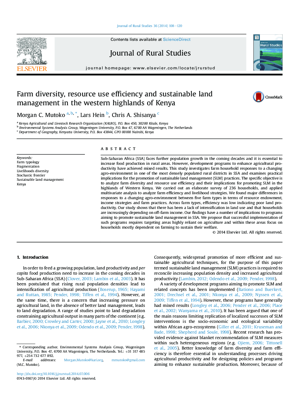 Farm diversity, resource use efficiency and sustainable land management in the western highlands of Kenya