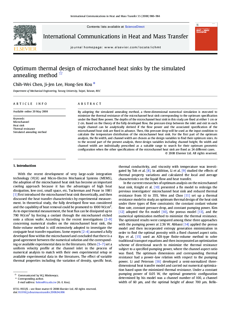 Optimum thermal design of microchannel heat sinks by the simulated annealing method 