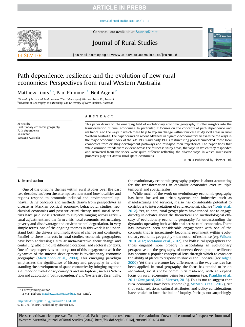 Path dependence, resilience and the evolution of new rural economies: Perspectives from rural Western Australia