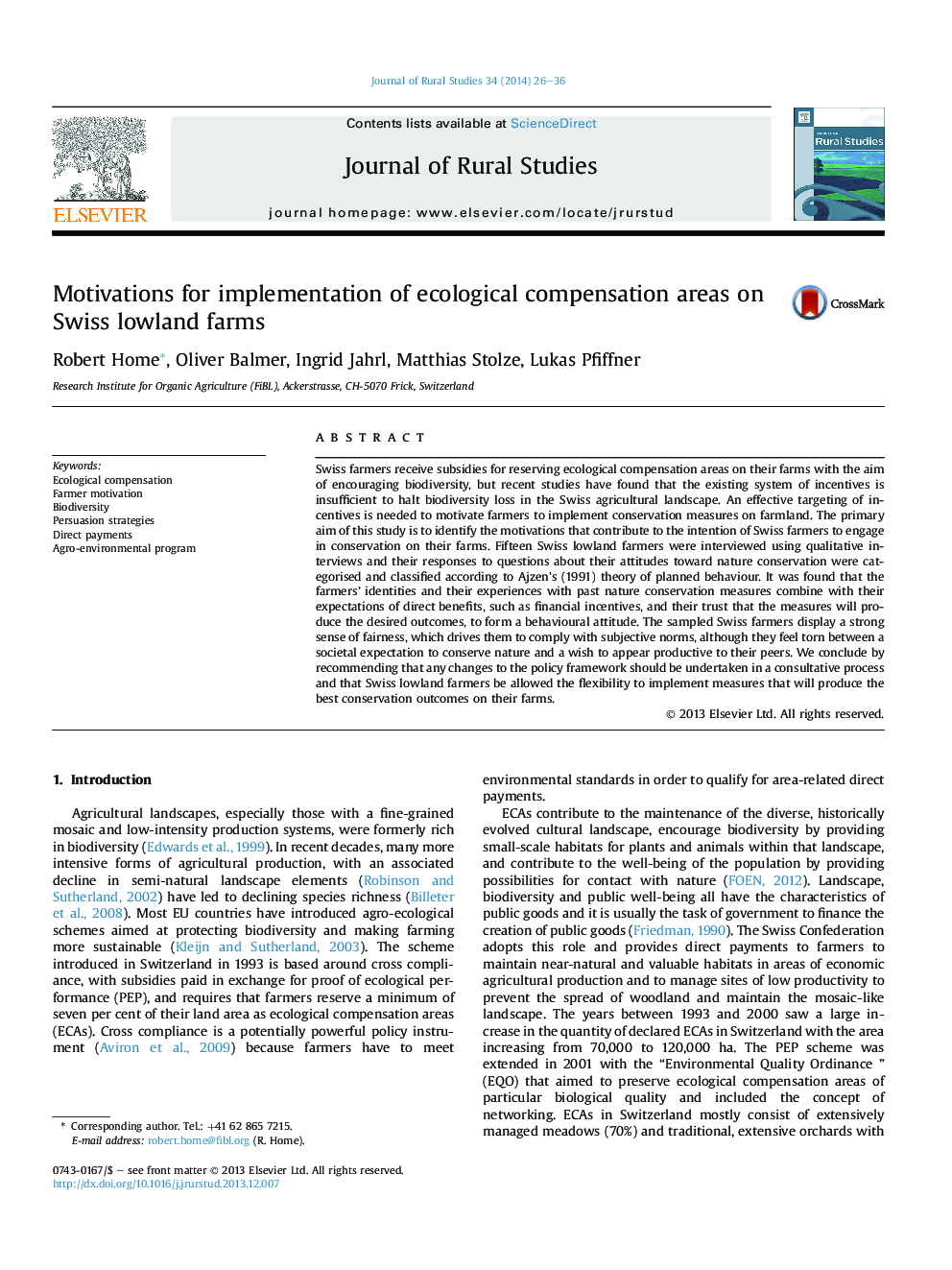 Motivations for implementation of ecological compensation areas on Swiss lowland farms