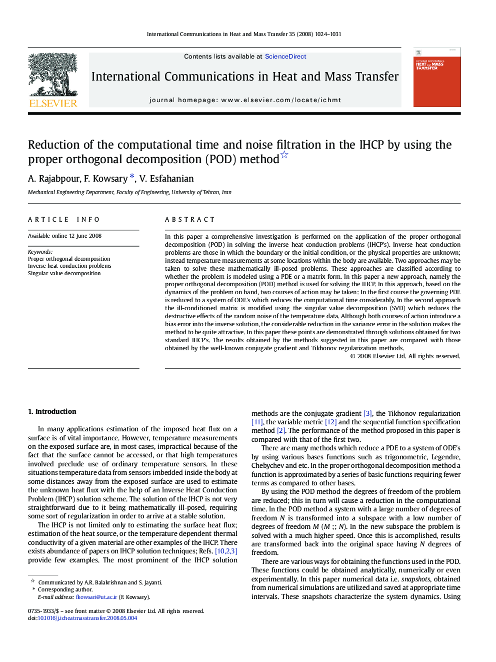 Reduction of the computational time and noise filtration in the IHCP by using the proper orthogonal decomposition (POD) method