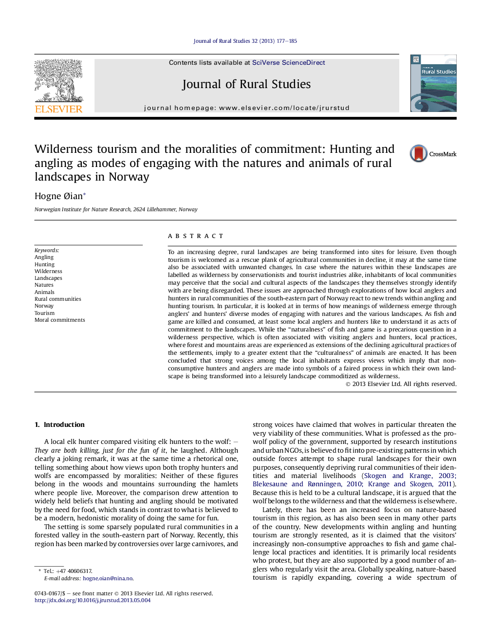 Wilderness tourism and the moralities of commitment: Hunting and angling as modes of engaging with the natures and animals of rural landscapes in Norway